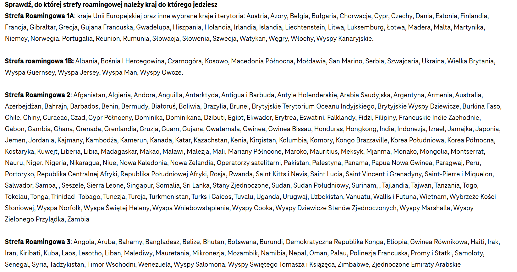 Podział na strefy Roaming T-mobile 2025
